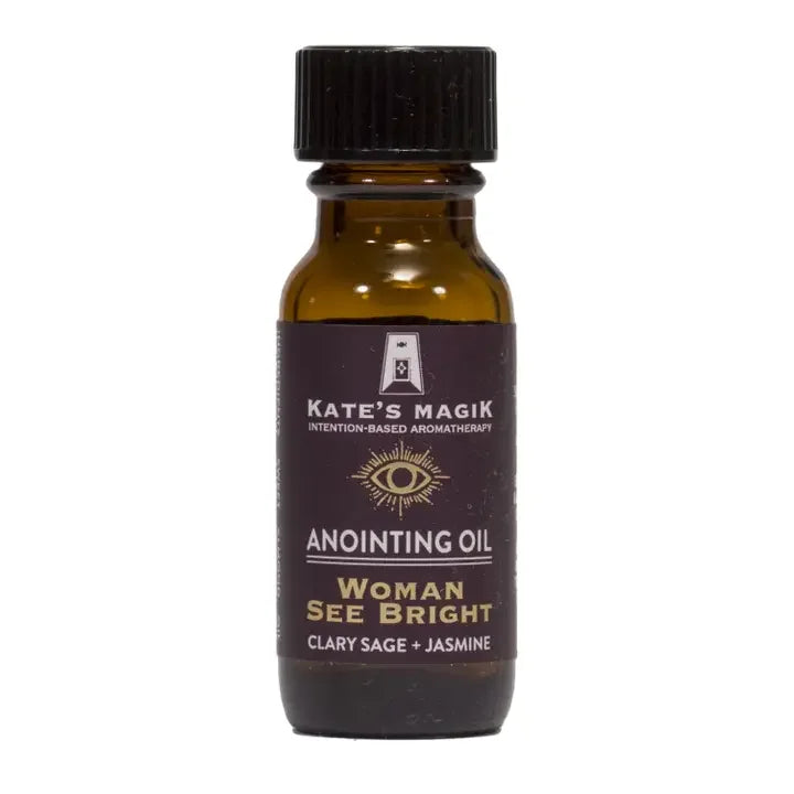 Bottle of Kate's Magik 'Woman See Bright' anointing oil on a white background