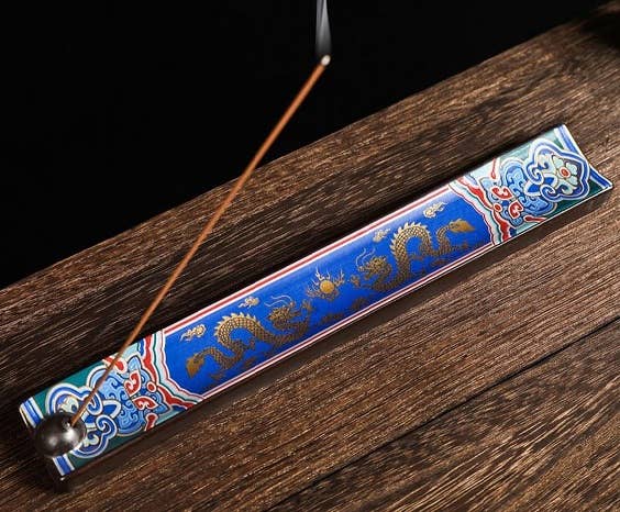 Dragon Incense Holder with Gold Enamel Chinese Dragon on Wood Table