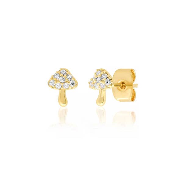 Tiny Mushroom Stud Earrings in Gold Plate with Zircon