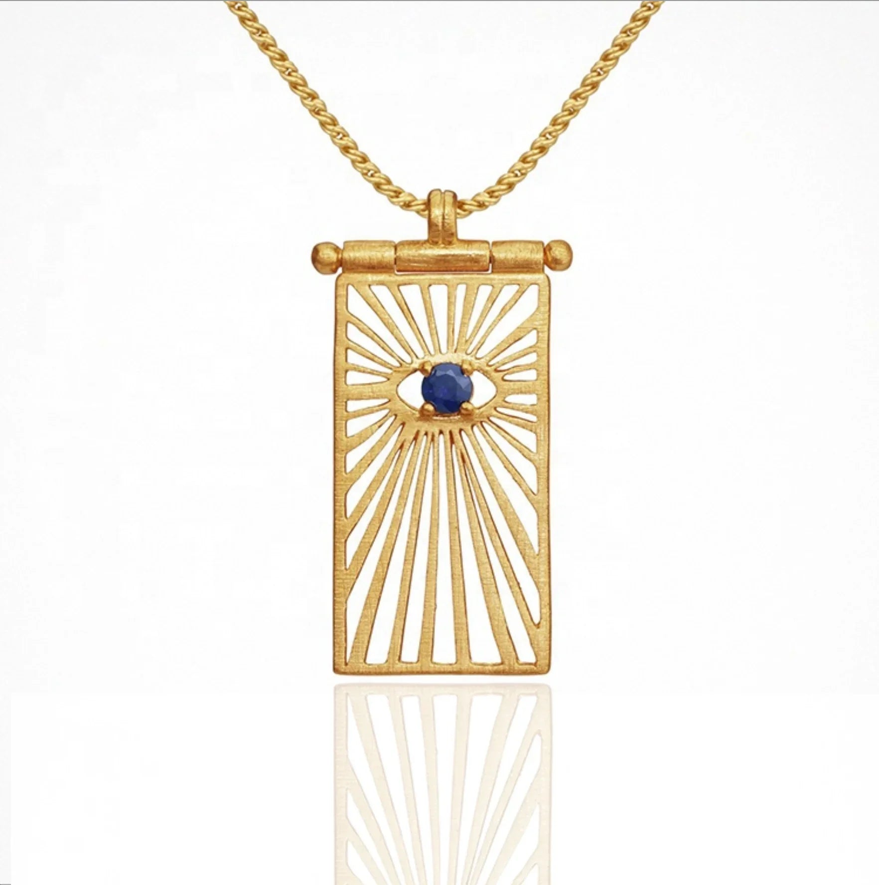Starmaker Saphire Eye Gold Necklace with Golden Rays Surroundng the Eye On Gold Chain