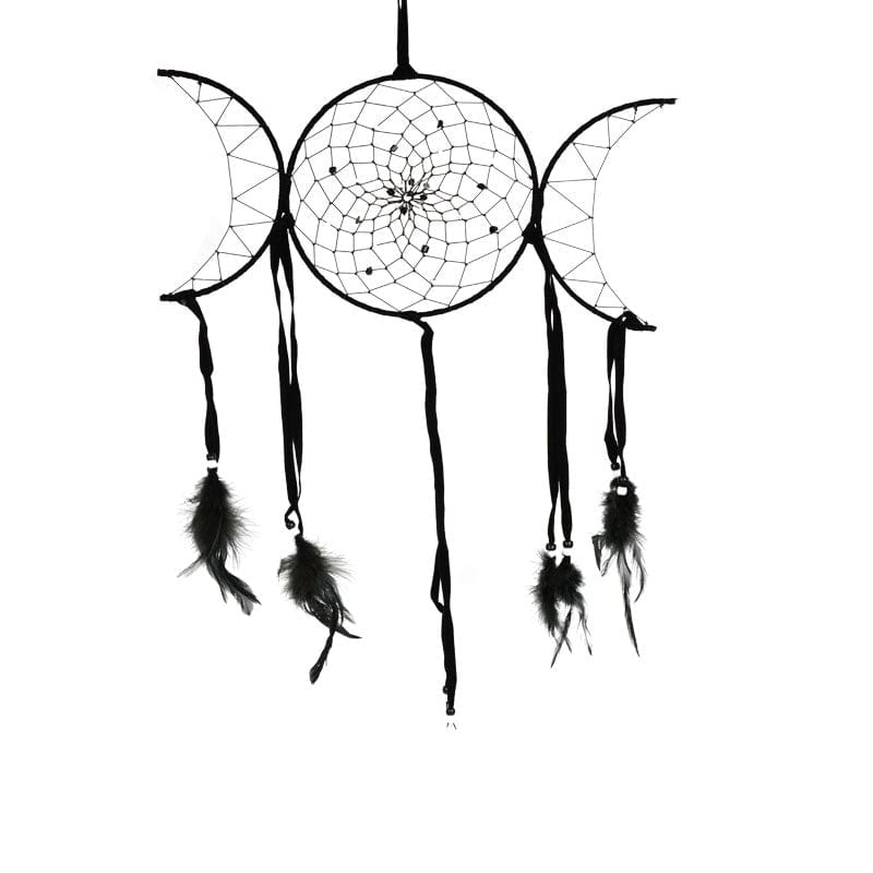 Black Triple Moon Dreamcatcher with Hanging Black Feathers
