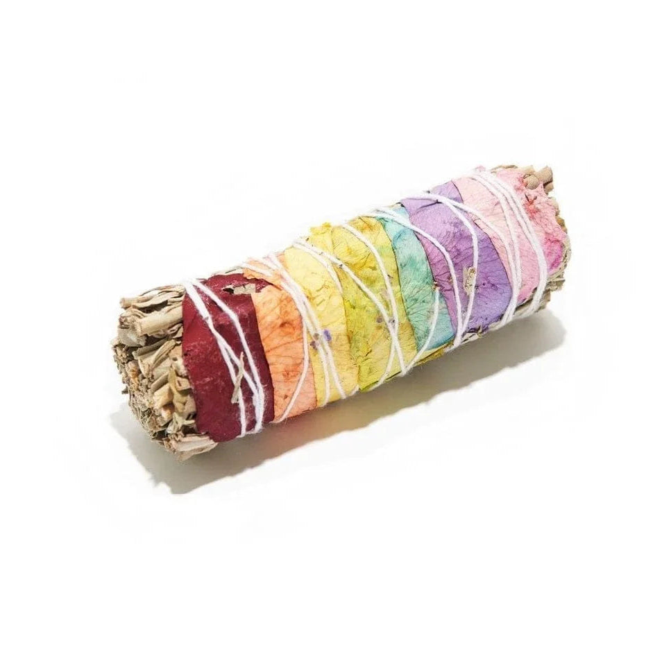 Chakra Rainbow Rose Petal Sage Wand Small Wand