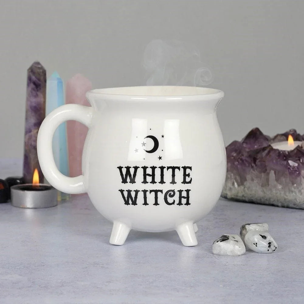 White Witch Cauldron Mug on Table
