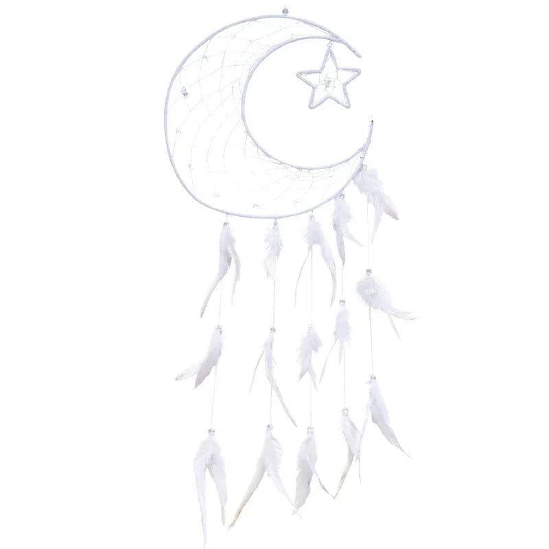 White Moon and Star Dream Catcher with White Feathers