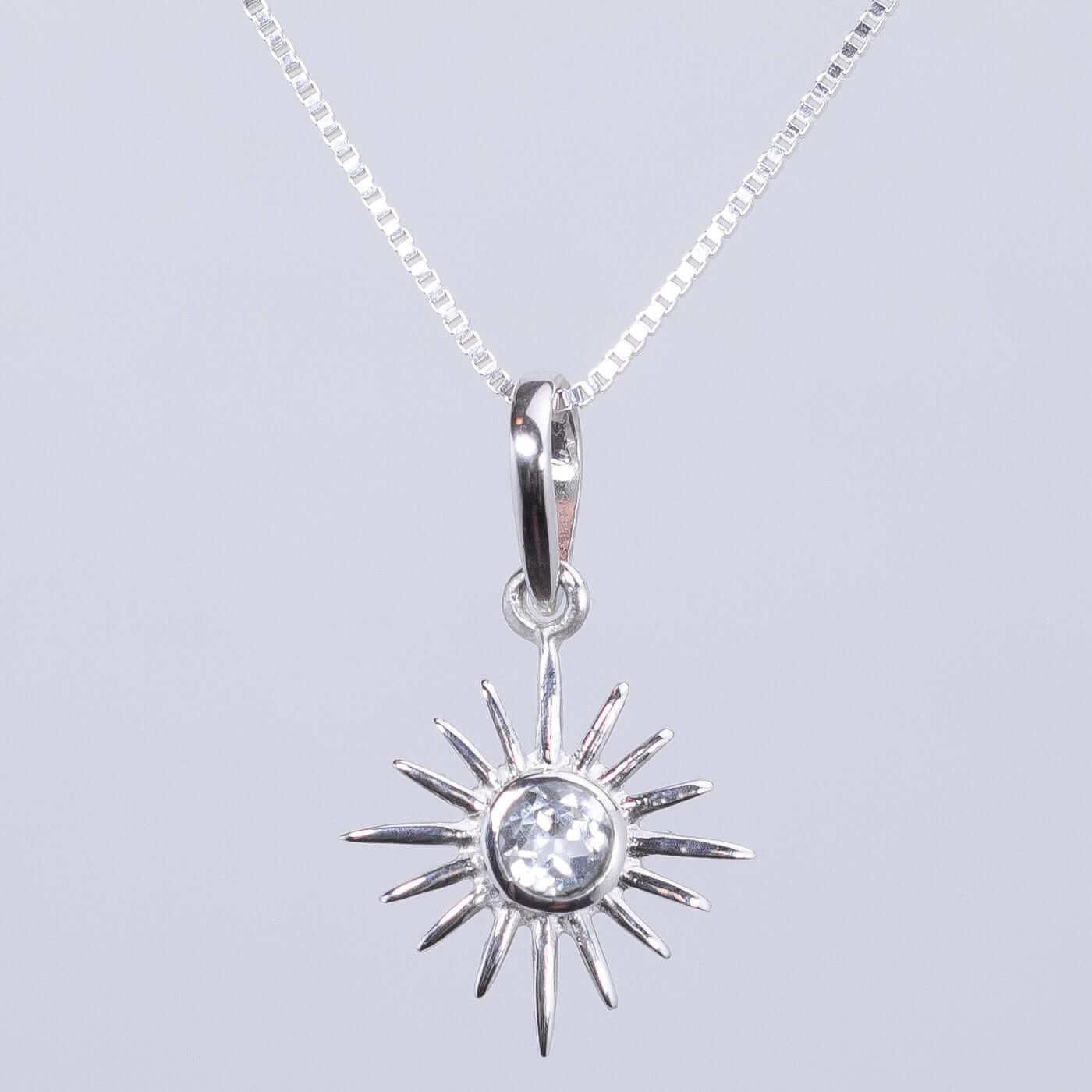 White Topaz Sun Sterling Silver Pendant for April Birthdays