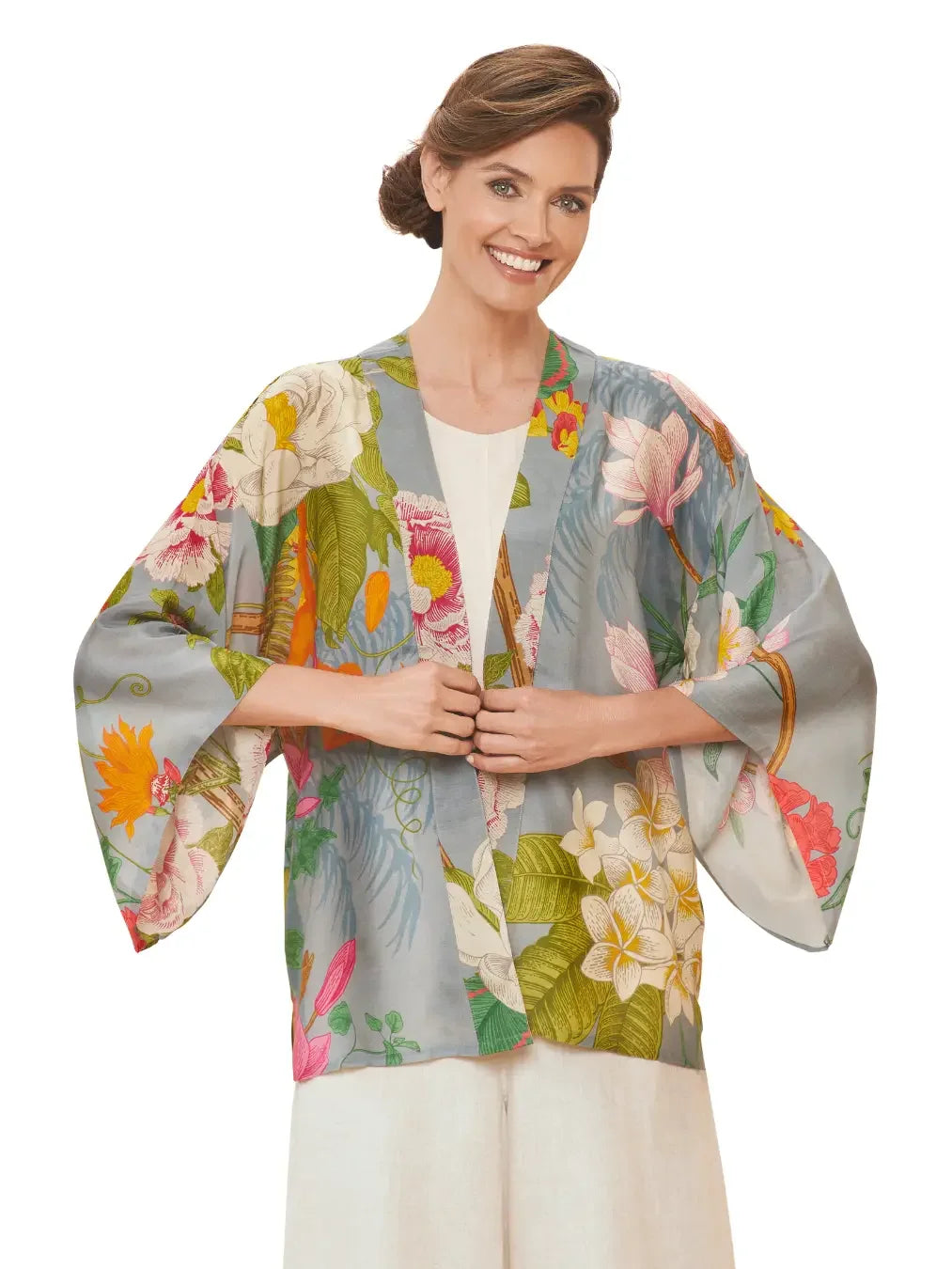 Tropical Flora & Fauna in Lavender Kimono Jacket