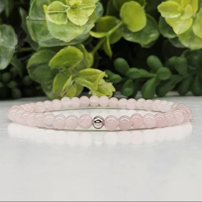 Rose Quartz 4mm Smooth Bead Stretch Bracelet Front View