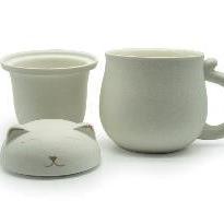 Lucky Cat Mug w/ Strainer & Lid, White, taken Apart