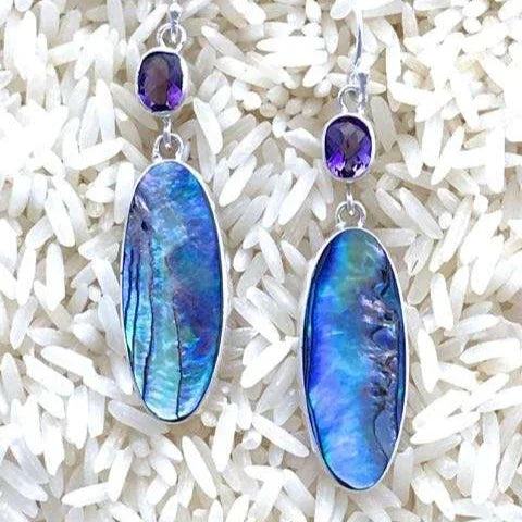 Paua Abalone & Amethyst Earrings Oval Wings Dangle