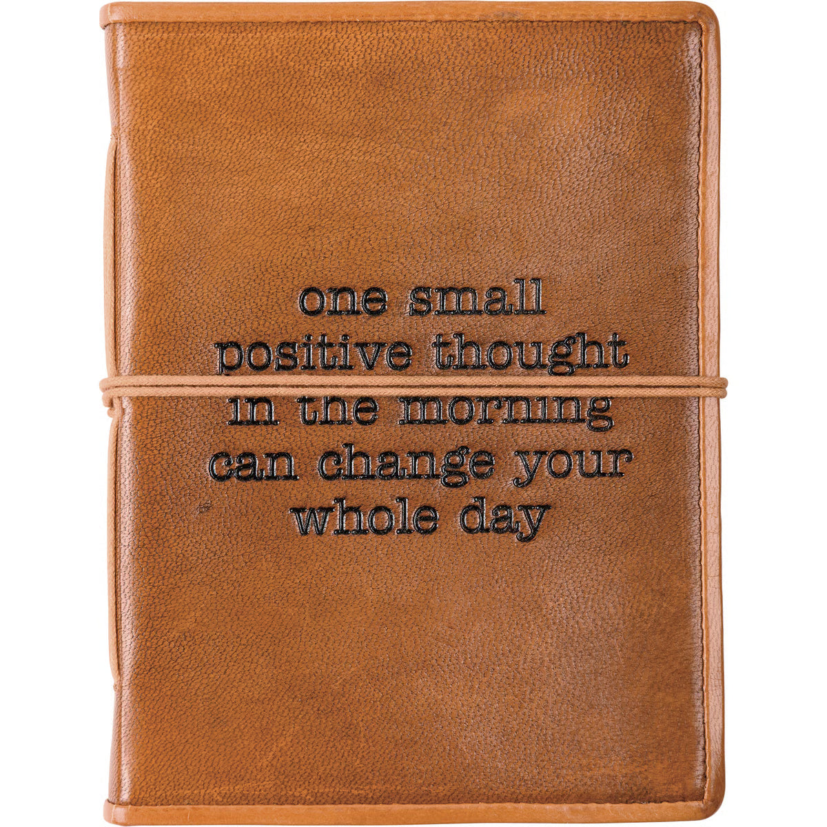 Brown leather notebook with motivational quote on a white background