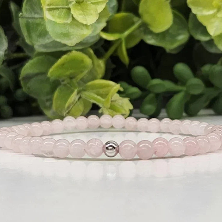 Rose Quartz 4mm Smooth Bead Stretch Bracelet Front Close Up