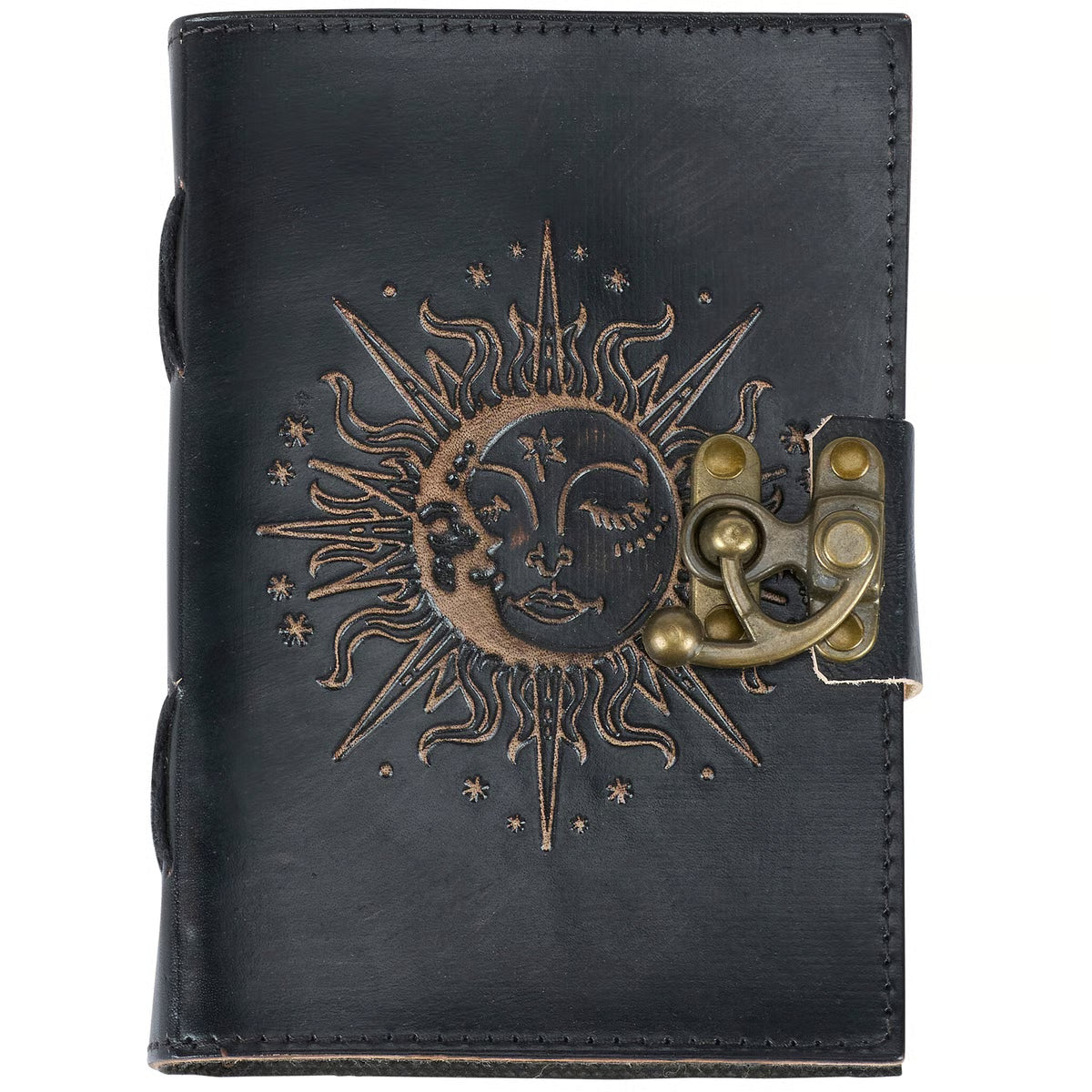 Black leather journal with sun and moon design and gold latch on a white background
