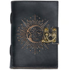 Black leather journal with sun and moon design and gold latch on a white background
