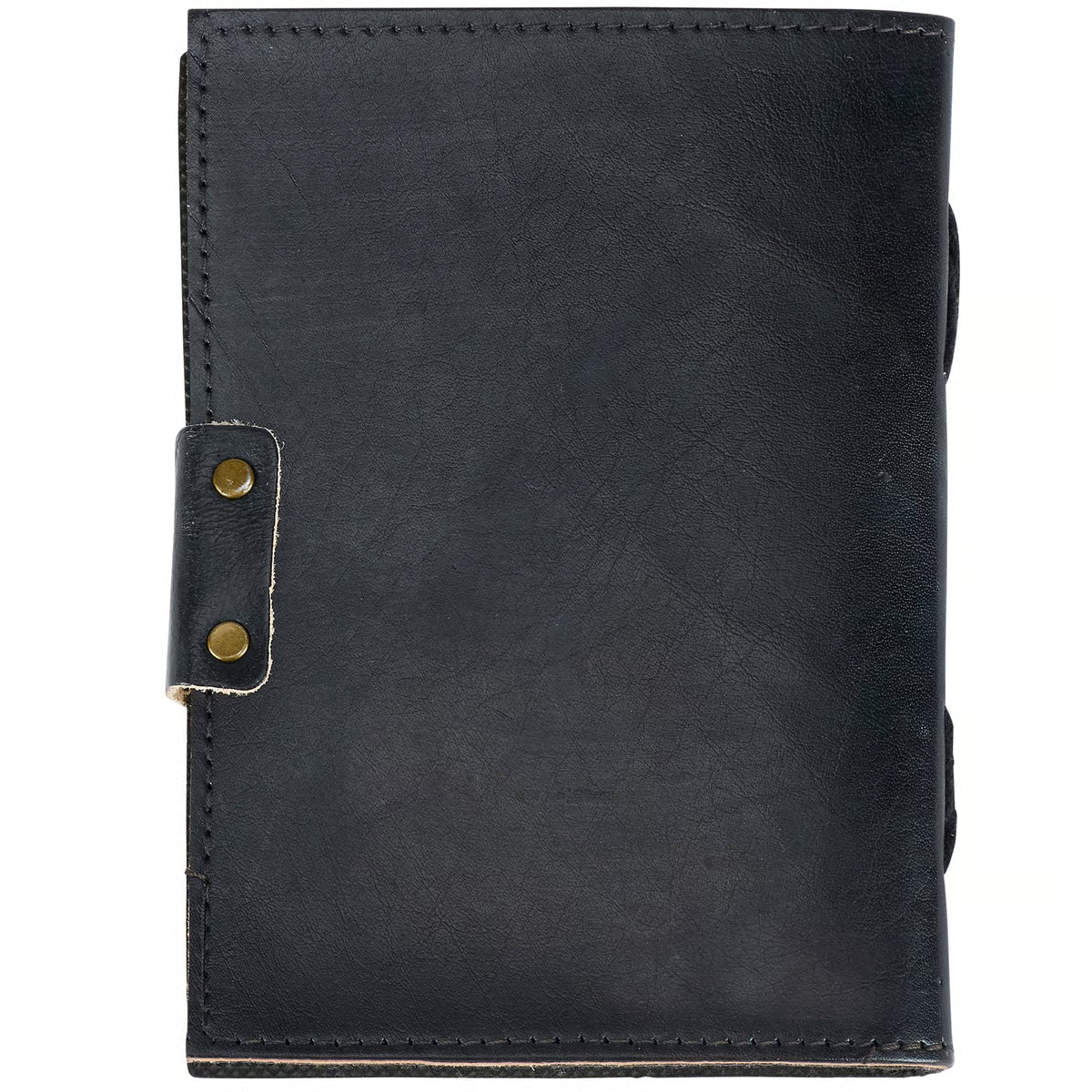 Black leather notebook with gold rivets on a white background