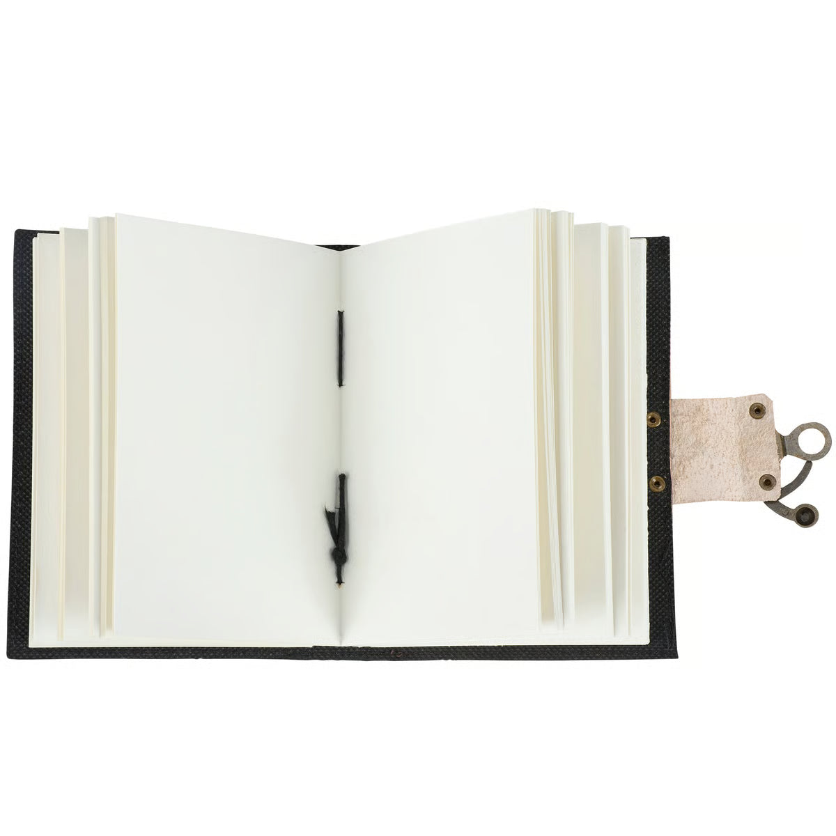 Open notebook with black leather binding on a white background