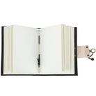 Open notebook with black leather binding on a white background
