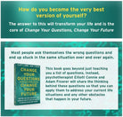 Promotional graphic for a book titled 'Change Your Questions, Change Your Future' with text about self-improvement.