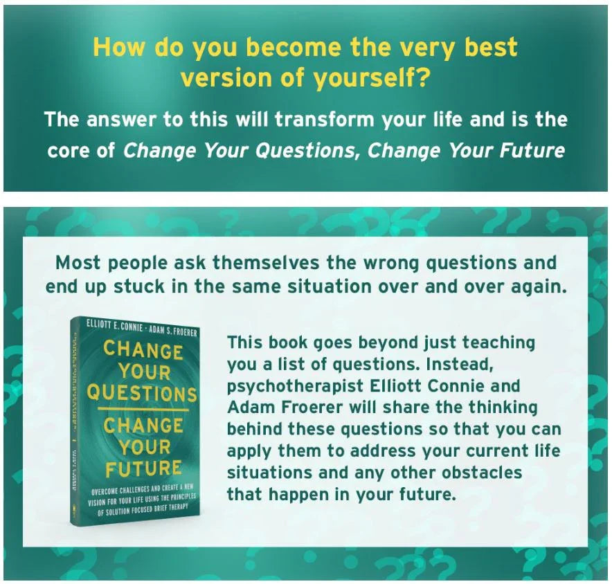 Promotional graphic for a book titled 'Change Your Questions, Change Your Future' with text about self-improvement.