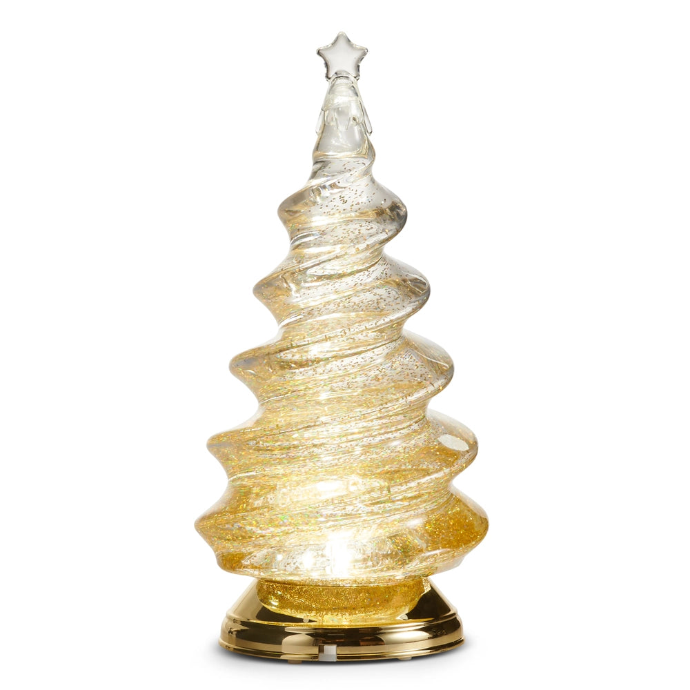 Decorative Swirling Glitter and lighted Christmas tree with a star on top against a white background