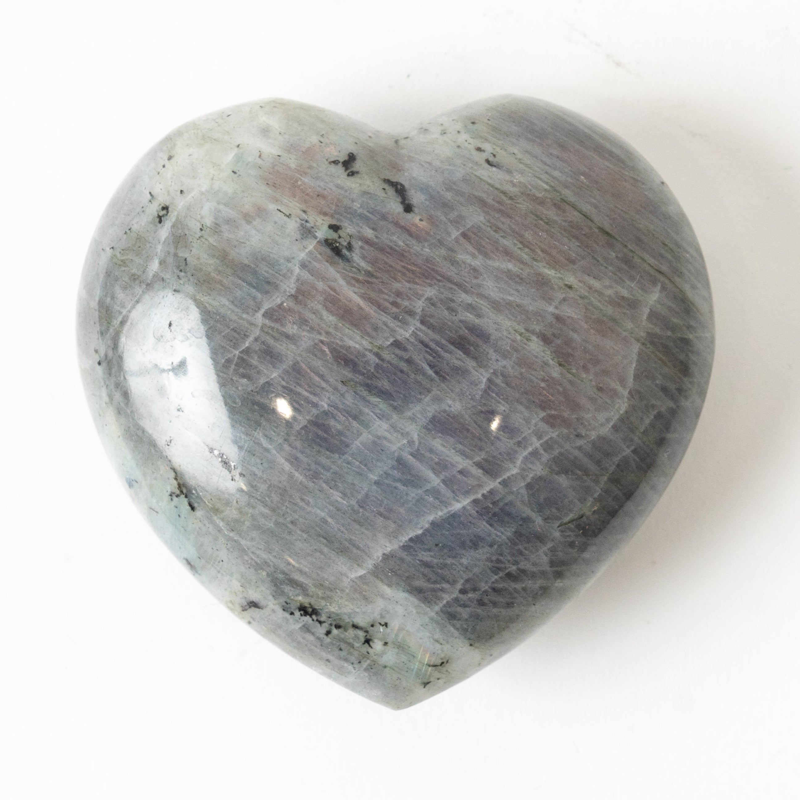 Purple Flash Labradorite Heart-shaped stone on a white background