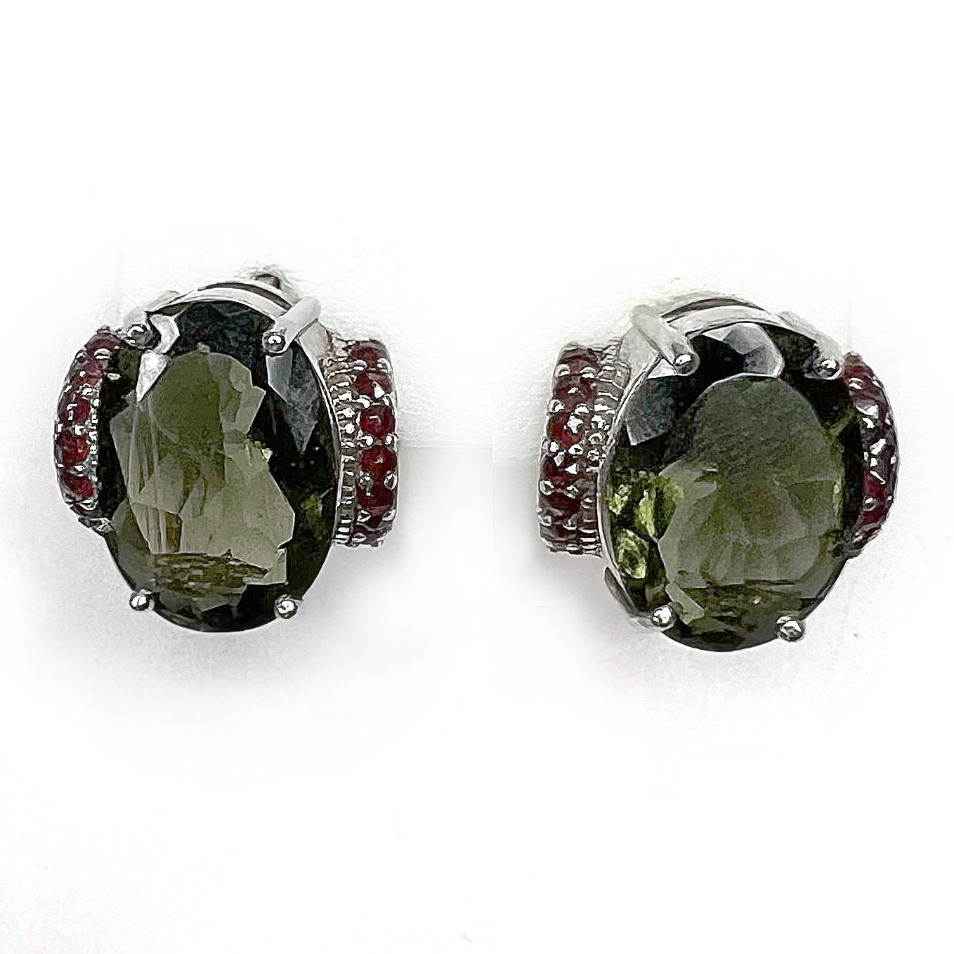 Moldavite Faceted Earrings with Garnet Accents