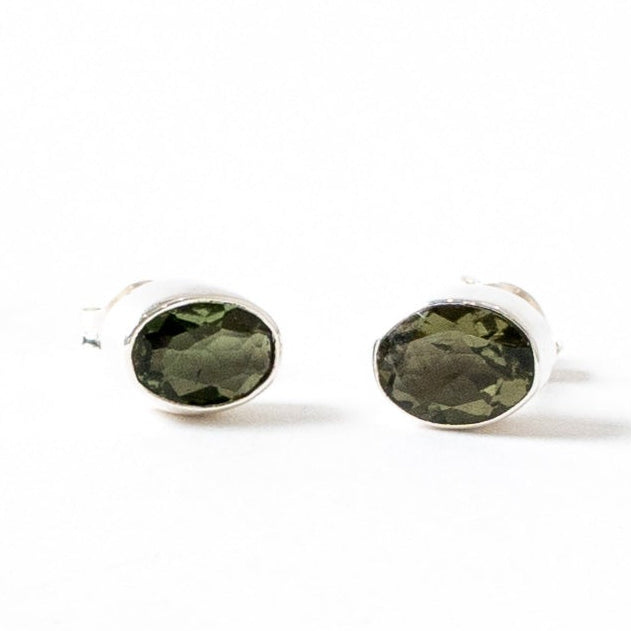 Moldavite Small Faceted Oval Stud Earrings