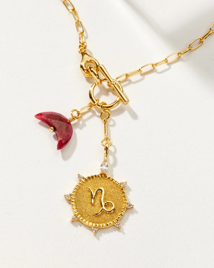 Golden Capricorn Front Toggle Zodiac Necklace with Ruby