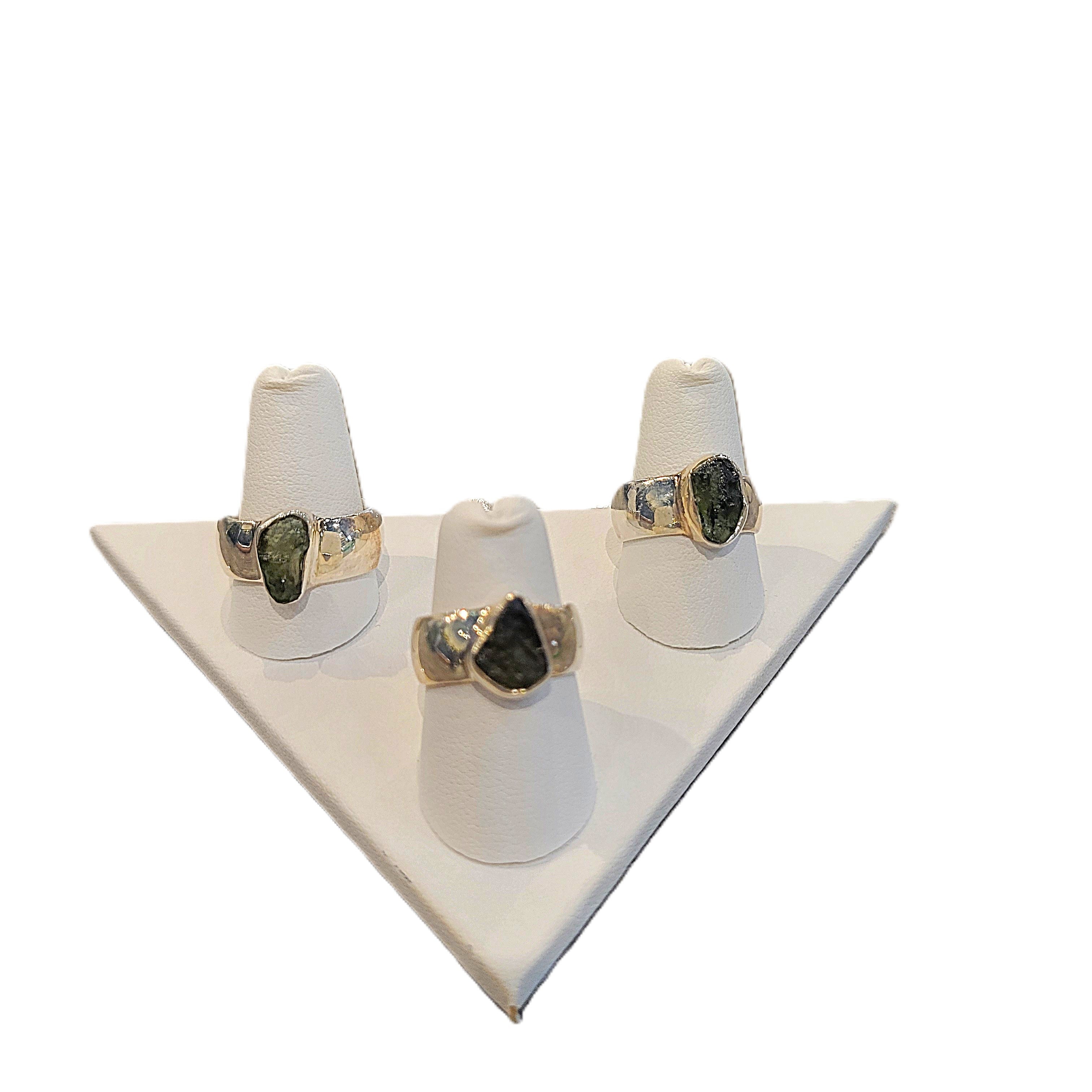 Rough Moldavite Wide Band Ring on Display