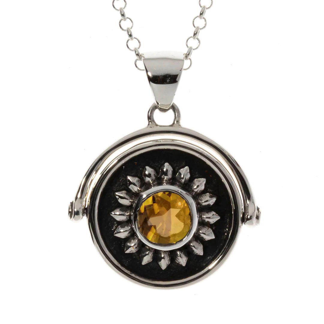 Silver Sun Rotating Pendant with Citrine and Moon Phases front