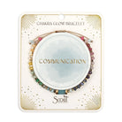 Chakra glow bracelet packaging with 'Communication' text and Scout brand on a white background
