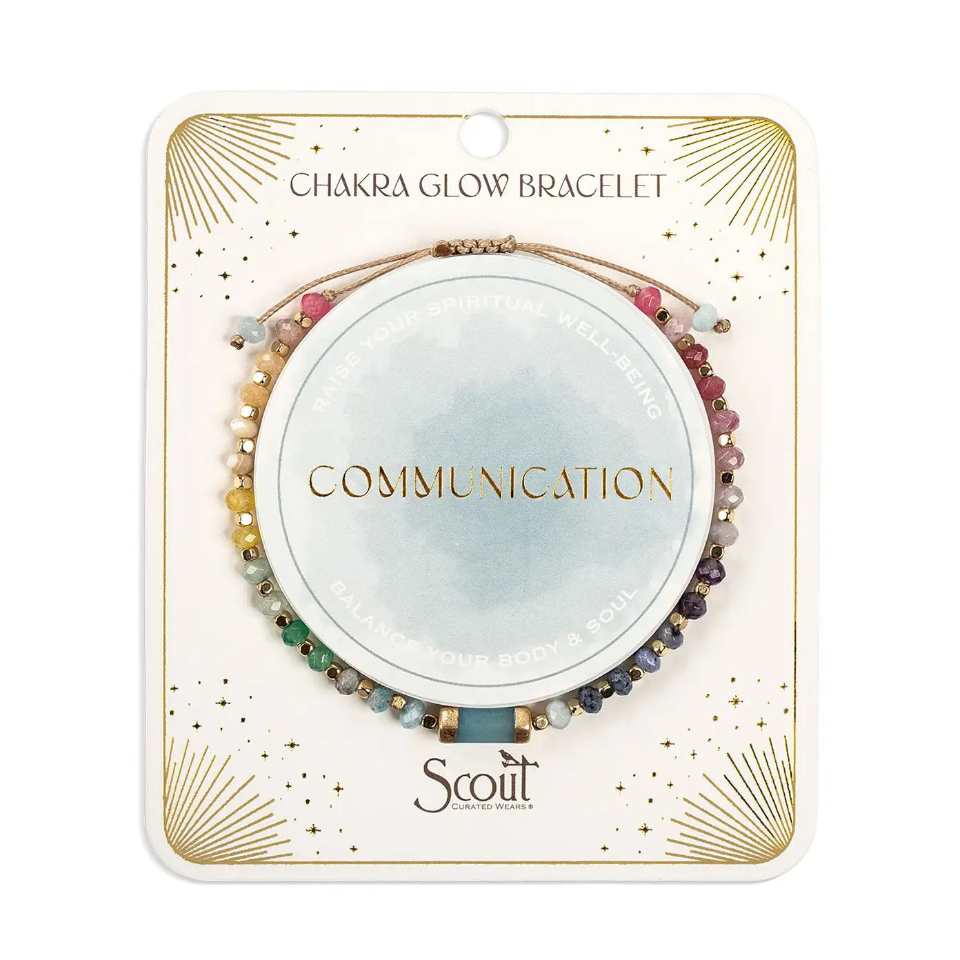 Chakra glow bracelet packaging with 'Communication' text and Scout brand on a white background
