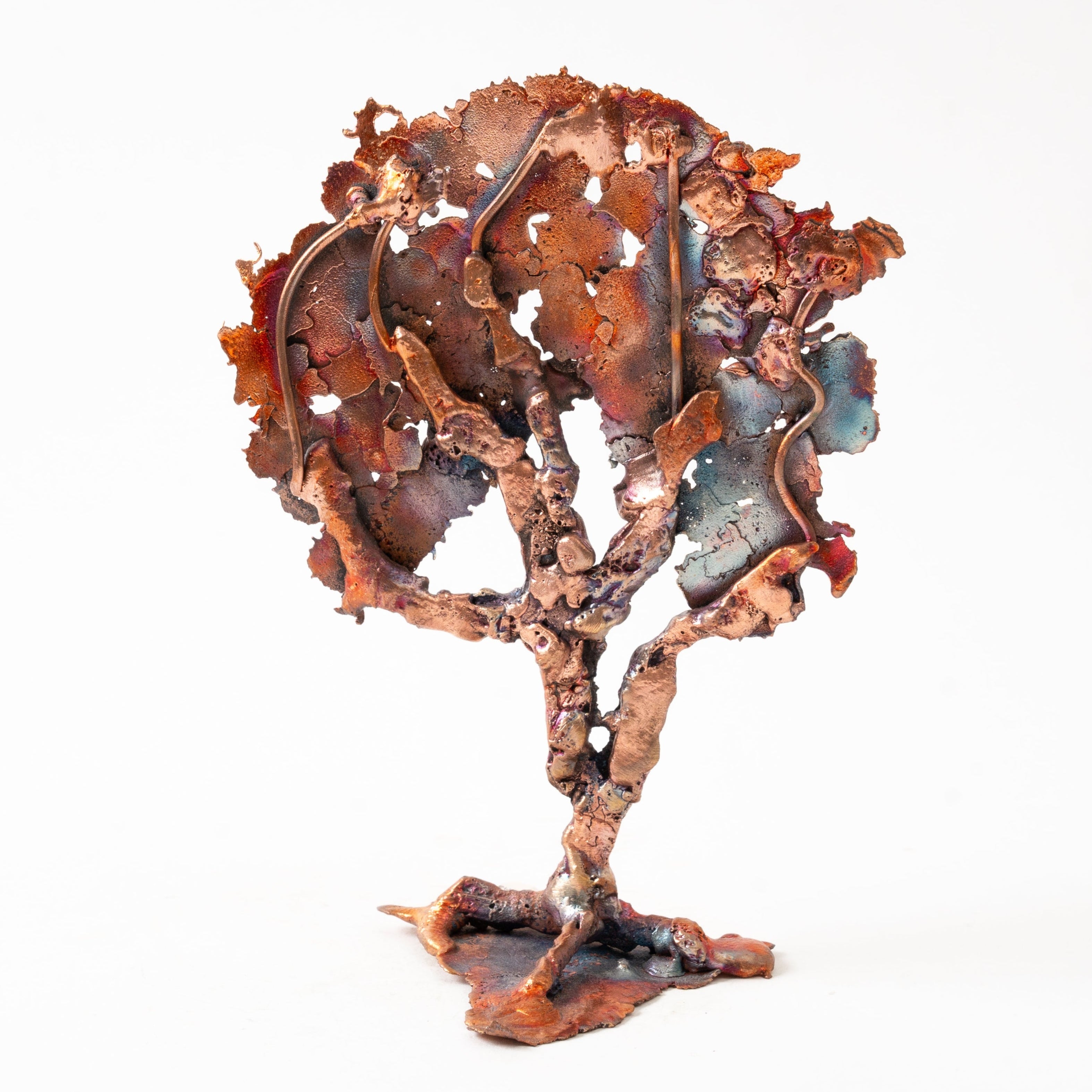 Copper Metallic tree sculpture Back with intricate details on a white background