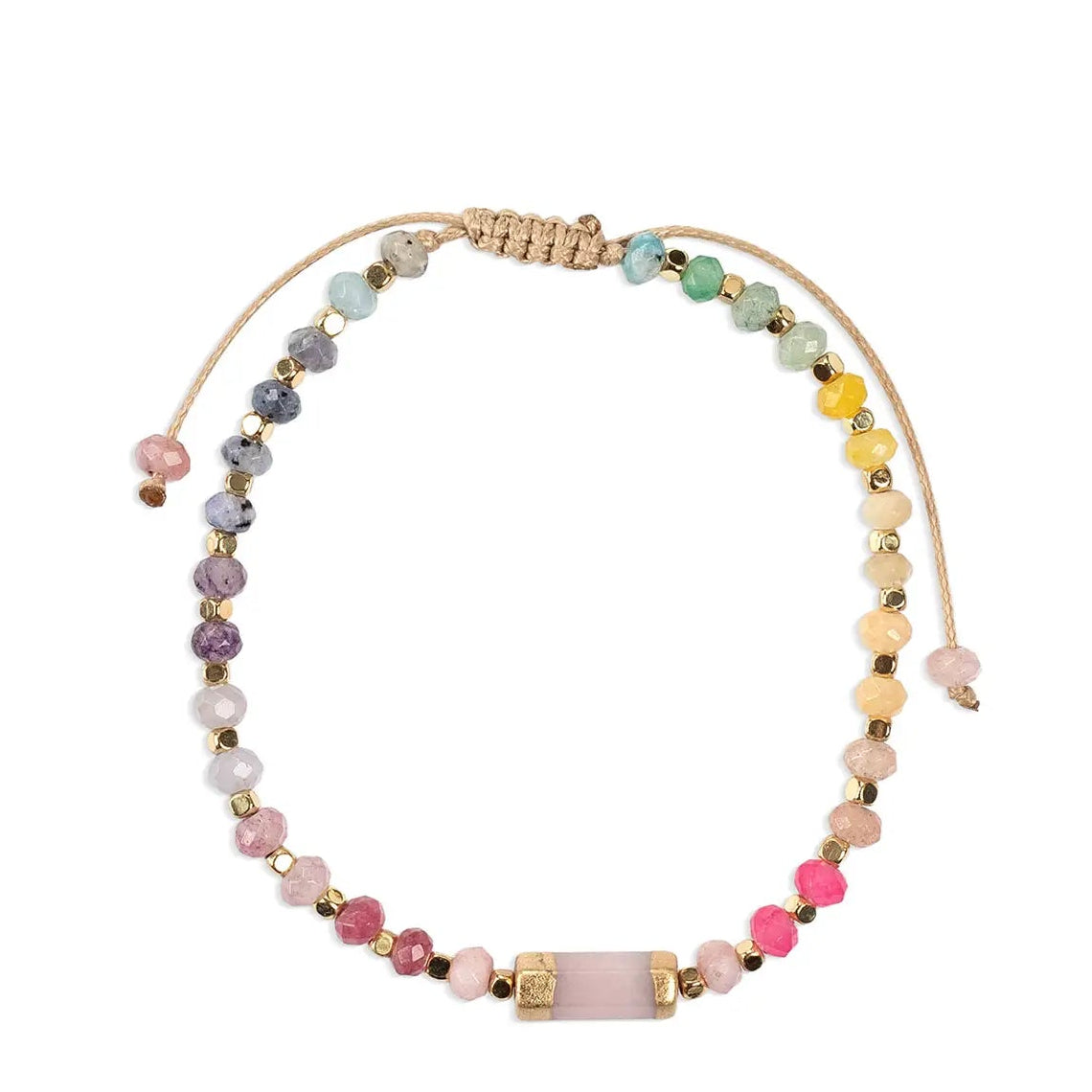 Multicolored beaded necklace with gold accents on a white background