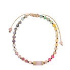 Multicolored beaded necklace with gold accents on a white background