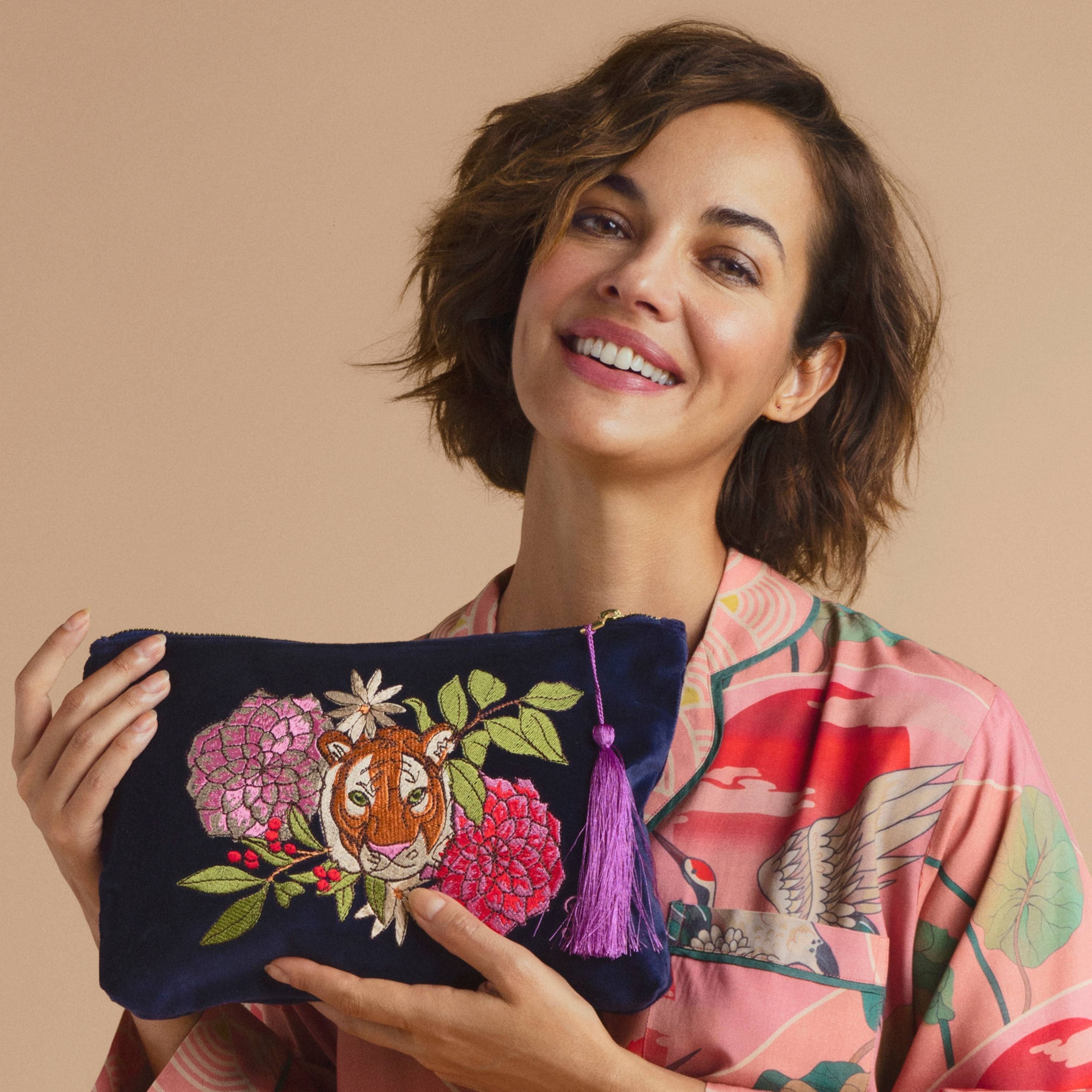 Floral Tiger Face Embroidered Pouch