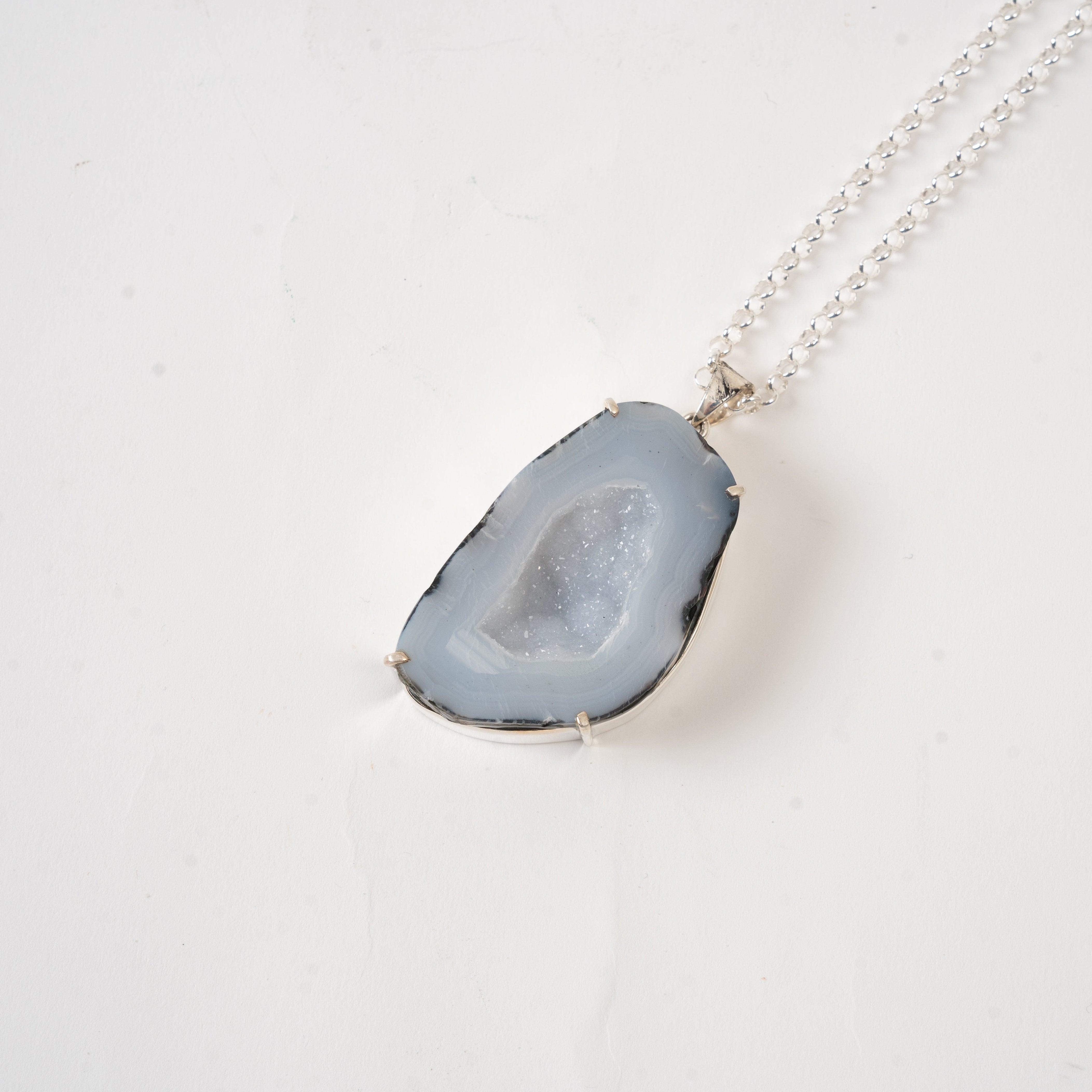 Serene Blue Agate with Crystal Druzy Sterling Silver Necklace