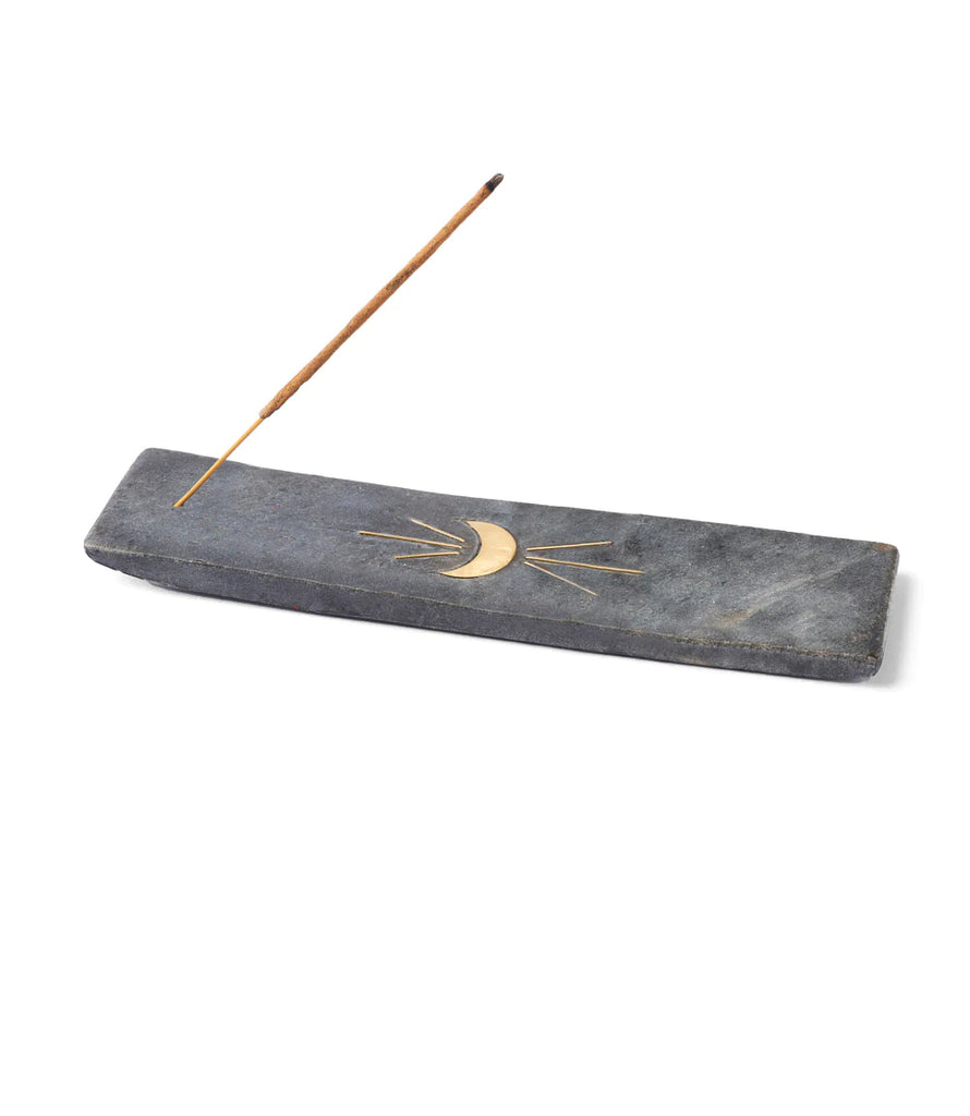 Black Marble Stick Incense Holder Adorned With Brass Inlaid Crescent Moon
