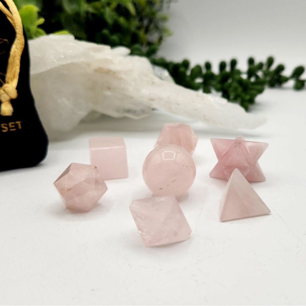 Rose Quartz 7 Piece Geometric Set with Pouch