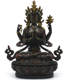 Bronze statue with multiple arms and a crown on a white background