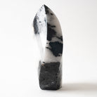 A faceted crystal tower featuring anatural black tourmaline and white quartz, standing upright on a clean white background.