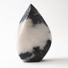 A polished teardrop-shaped natural stone crystal with a black tourmaline and white quartz, standing upright on a clean white background.