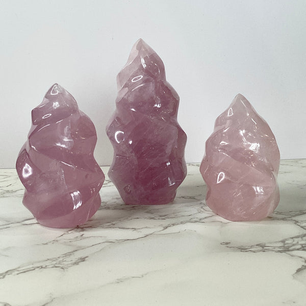 Rose Quartz Flame, Polished Natural Crystal Flame Carving, Self Standing Rose Quartz hot Point Tower