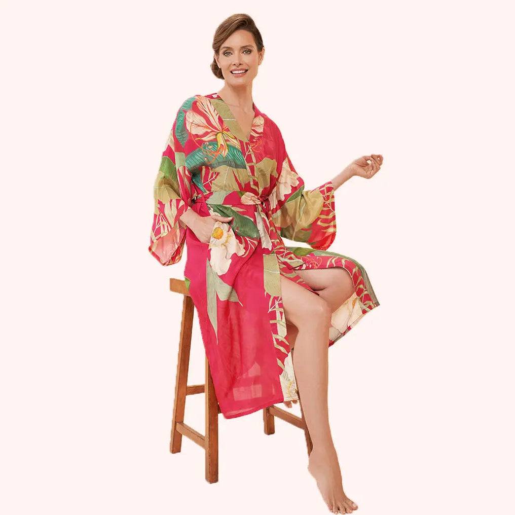 Delicate Tropical Dark Rose Kimono Gown on Model Front