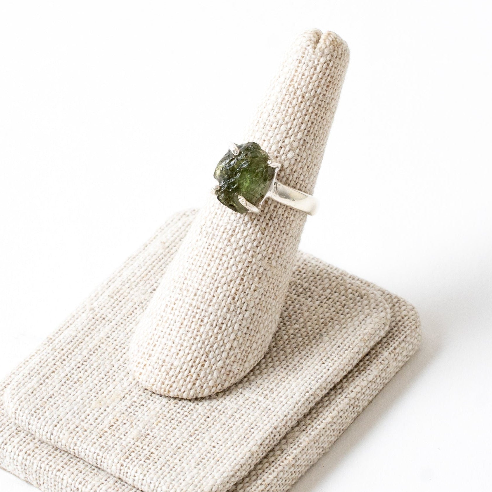 Rough Moldavite Ring in Sterling  Silver Side View