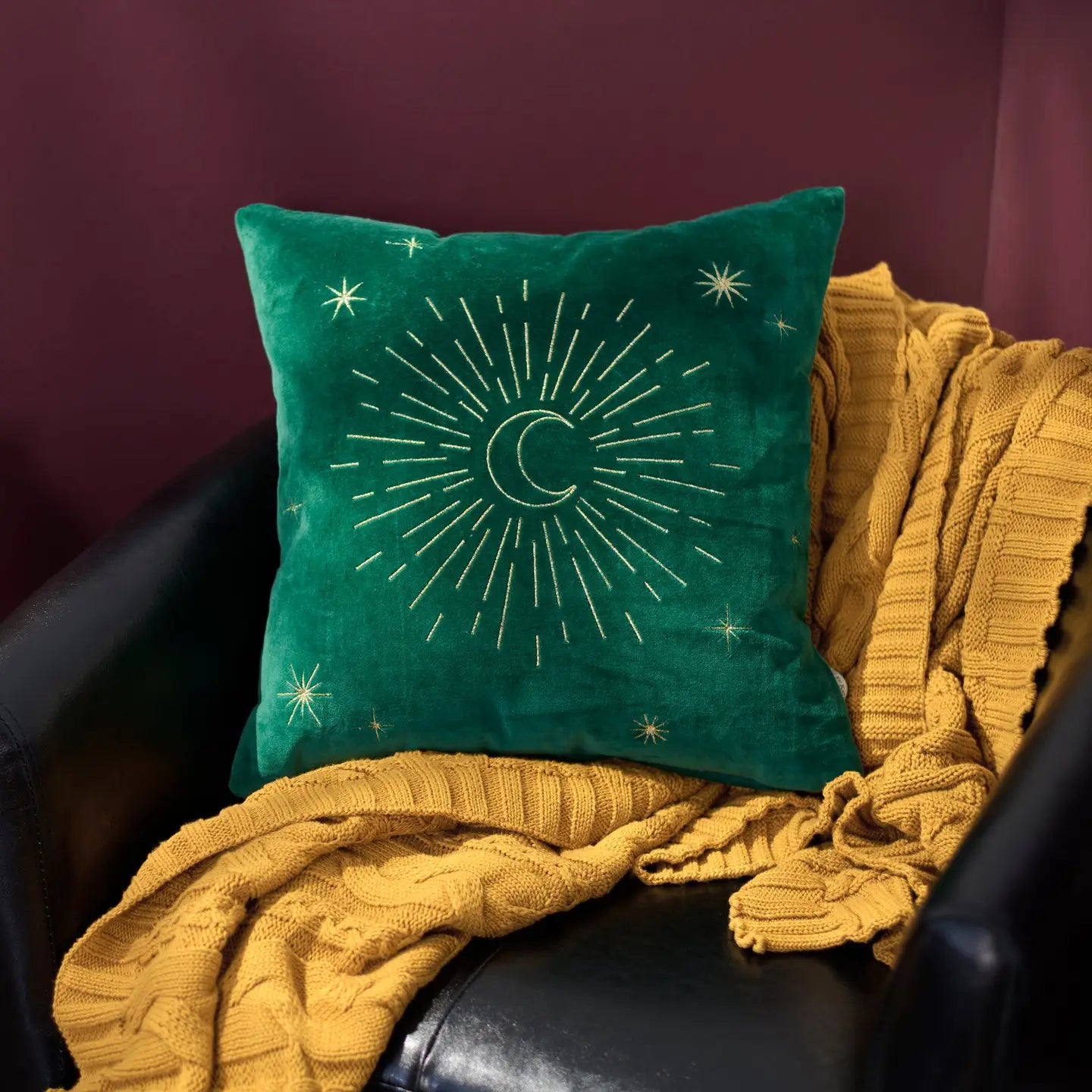 Emerald Moon and Stars Pillow on Chair