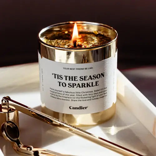 Tis The Season Golden Glitter Holiday Candle on Tray