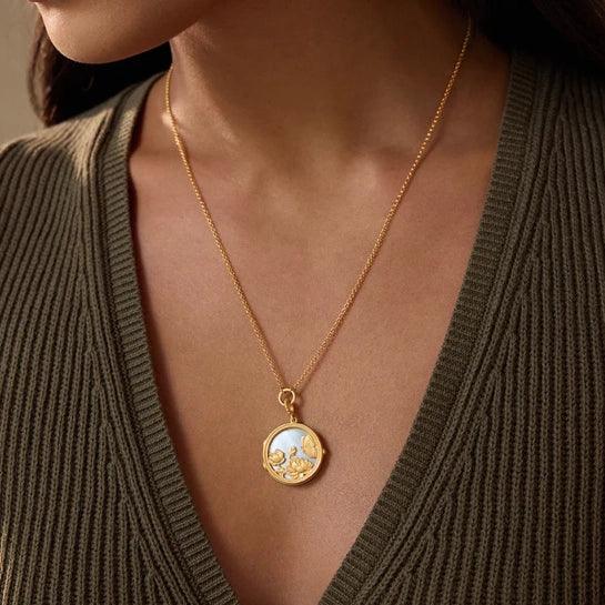 MOP Take Flight Butterfly Nature Locket Gold Necklace, 18KT Gold Plated Brass, 18" on model