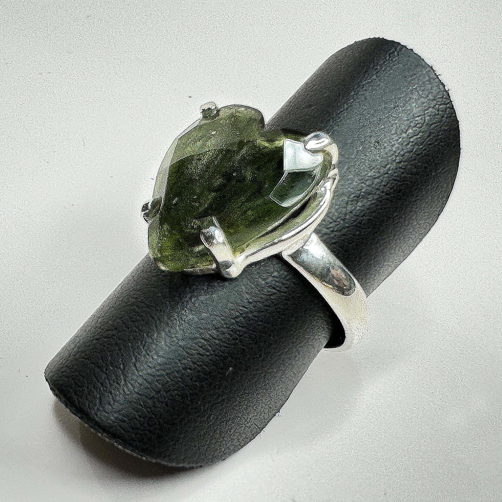 Moldavite Faceted Heart Ring with Sterling Silver right view