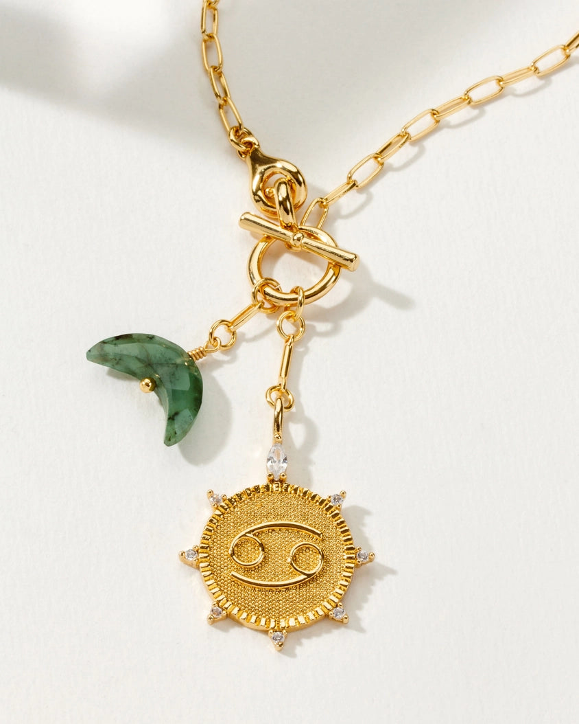 Gold Cancer Front Toggle Zodiac Necklace with Emerald Charm