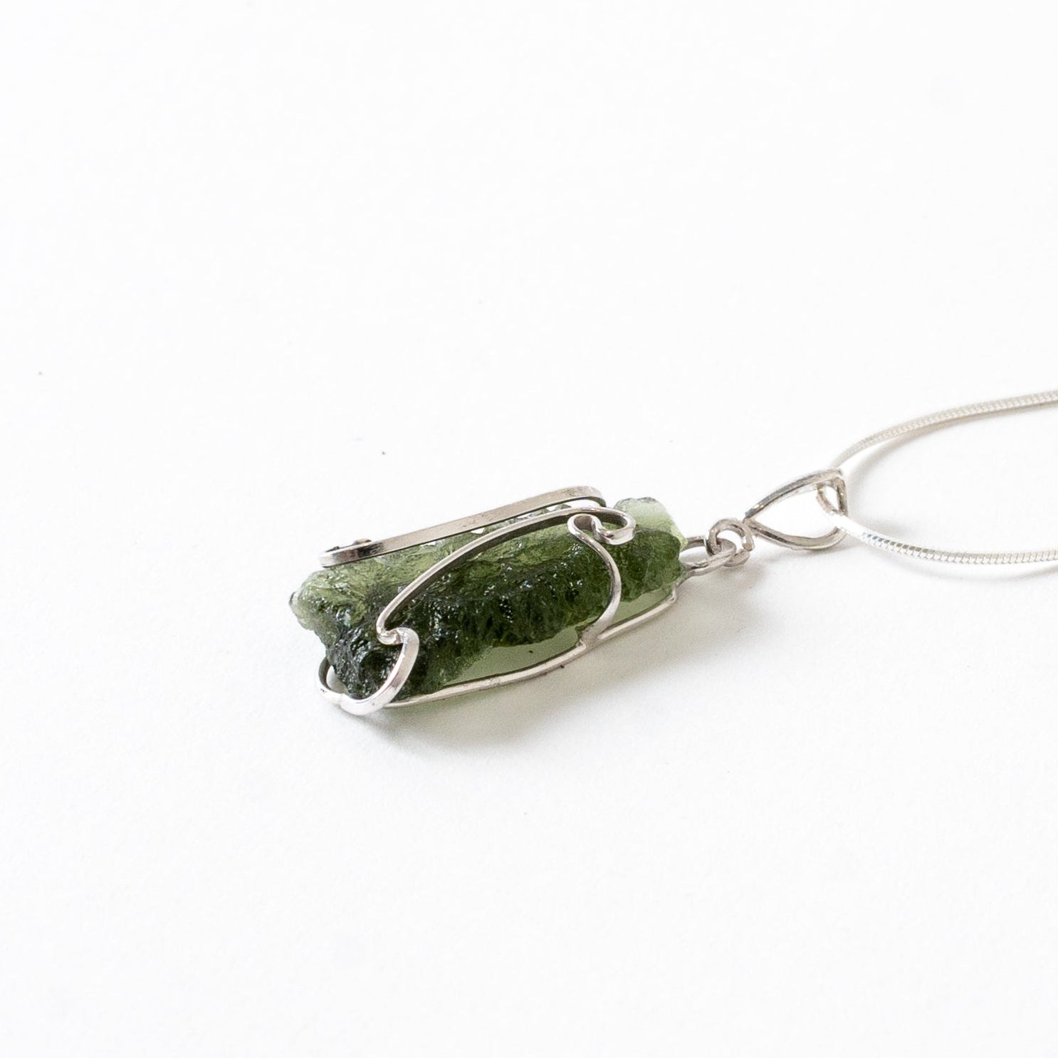 Modern Wire Wrapped Rough Moldavite Pendant Necklace Sterling Silver 4